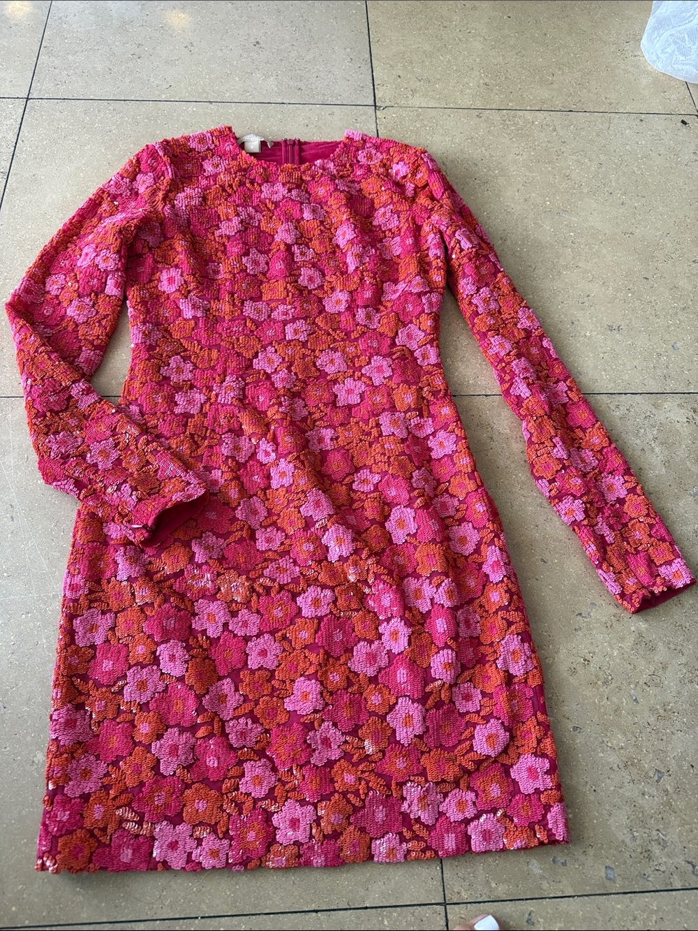 Michael Kors Collection Pink & Orange Floral Sequin Long Sleeve Sheath - Picture 4 of 5